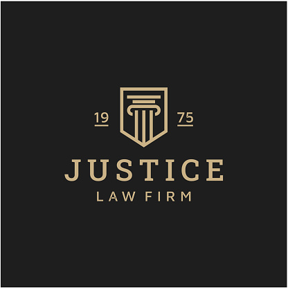 Law firm symbol, justice scale and shield vector icon