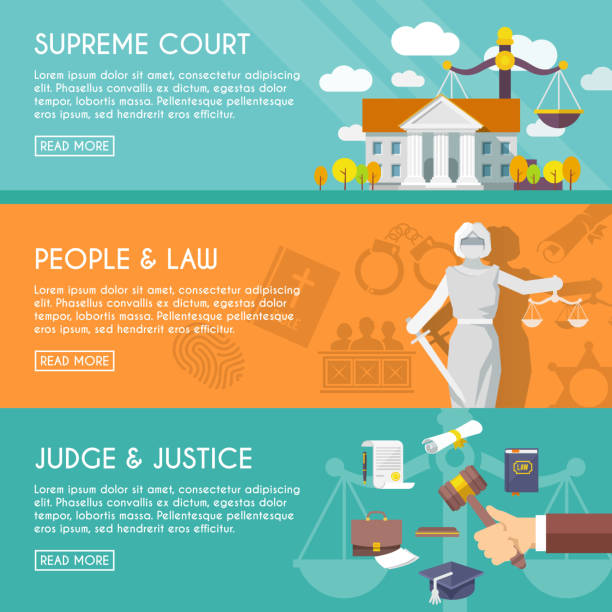 law icon flat Supreme court judge and blindfolded justice with sword and scales people law flat horizontal banners vector illustration supreme court building stock illustrations