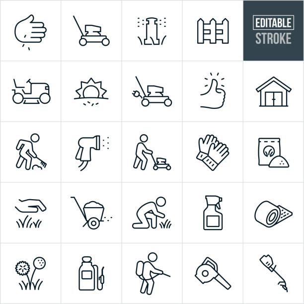 Lawn Care Thin Line Icons - Editable Stroke A set of lawn care icons that include editable strokes or outlines using the EPS vector file. The icons include a push lawn mower, riding lawnmower, planting grass, laying sod, sprinkler, picket fence, electric lawnmower, green thumb, shed, raking, person mowing the lawn, spray nozzle, gardening gloves, fertilizer, grass, lawn, fertilizer spreader, gardener, spray bottle, pesticides, dandelion, pump sprayer, leaf blower and grass trimmer. gardening stock illustrations