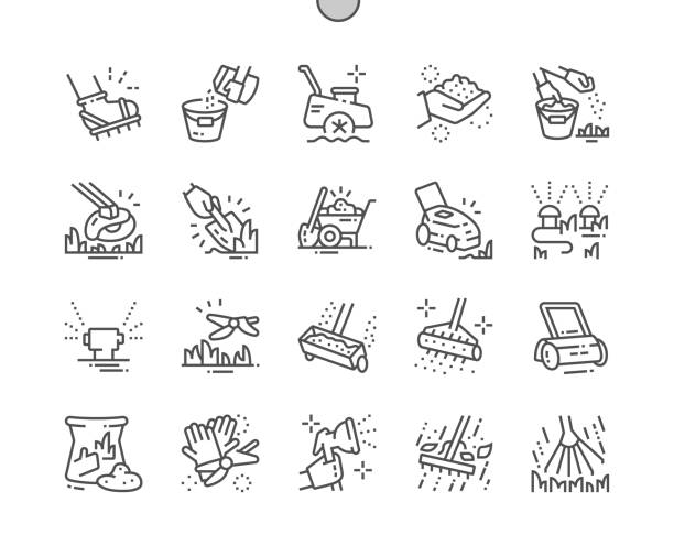 ilustraciones, imágenes clip art, dibujos animados e iconos de stock de cuidado del césped conocido pixel perfect vector thin line icons 30 2x cuadrícula para gráficos web y aplicaciones. pictograma mínimo simple - mulch