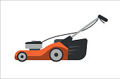 Lawn mower vector illustration. Gardener landscaping blade power sign. Mowing machine for cut green grass. Tractor pruning steel technology object.