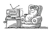 Hand-drawn vector drawing of a Lazy Couch Potato Cartoon Watching TV. Black-and-White sketch on a transparent background (.eps-file). Included files are EPS (v10) and Hi-Res JPG.
