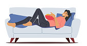 istock Lazy Female Character Lying on Coach in Living Room, Eating Junk Food During Weekend. Woman Spend Time at Home 1367612004