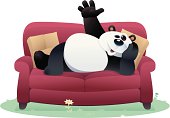 vector illustration of lazy panda laying on sofa and waving.