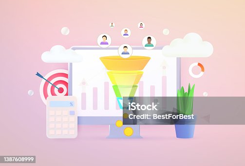 istock Lead Generation 3d vector concept. Increasing conversion rates marketing strategy for generating new leads and income with inbound marketing technology with sales funnel 1387608999
