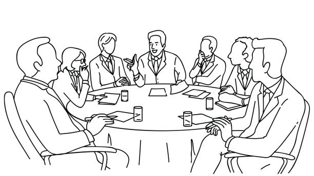 Leadership at meeting room Smart business leadership presenting in meeting room, business concept in partnership, diversity, corporate, conference. Outline, linear, hand drawn sketch design. Black and white style. meeting drawings stock illustrations