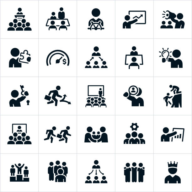Leadership Icons A set of leadership icons. The icons show different business leaders in management type positions and illustrate many different leadership concepts. presentation speech symbols stock illustrations