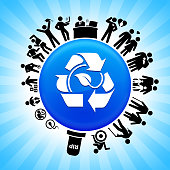 Leaf in Recycling  Lifecycle Stages of Life Backgroundon circle button. Icons of life from conception to old surround the large shiny round button in the center of this 100 percent royalty free vector illustration. The button is placed against a blue tar burst background. The illustration shows speaks to the "life is short" idea.