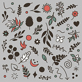 Vector illustrations for seamless leaf peeping pattern. Hand-drawn symbols can be used as print or digital works in vintage doodle style.