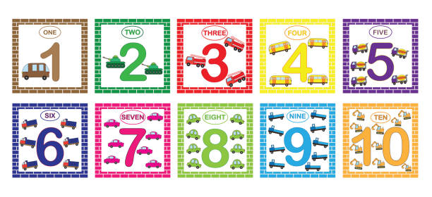 번호, 자동차 (교통)와 함께 수학 학습. 플래시 카드 10, 1부터 숫자를 설정 합니다. 어린이 위한 게임입니다. - 6 7 살 stock illustrations