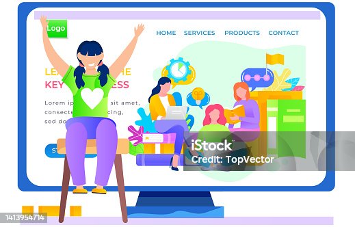 istock Learning online app landing page template. The girl sits on a chair and joyfully raises her hands up 1413954714