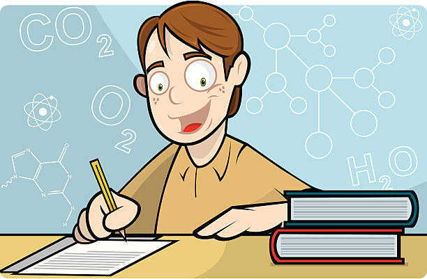 ilustrações de stock, clip art, desenhos animados e ícones de aprendizagem de ciências - jovem a escrever