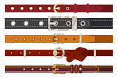 Leather belts or straps with metal buckles. Brown and black jeans, dress or pants fashion accessories on white background cartoon illustration set. Clothes, garment concept