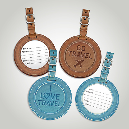 Leather luggage tag labels that have writing on front