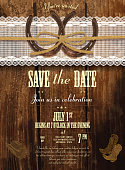 Leather and wood country and western invitation design template, Includes wooden background, leather label, lace, horseshoes, cowboy boots and cowboy hat. Sample text design. Easy layers for customizing.