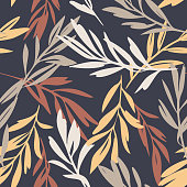 istock Leaves sprigs twigs leafage stem branch seamless pattern. Botanical background. Autumn leaves ornament.  Flat drawing. Fashion design. 1270356178