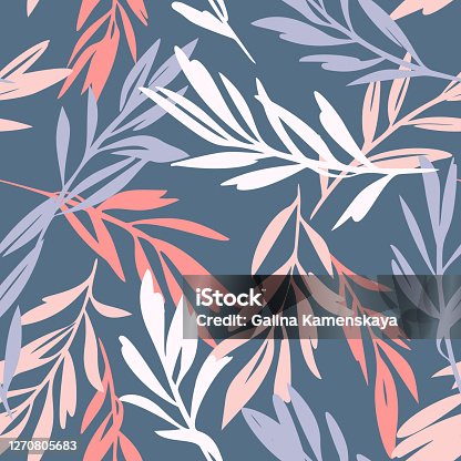 istock Leaves sprigs twigs leafage stem branch seamless pattern. Botanical background. Autumn leaves ornament.  Flat drawing. Fashion design. 1270805683