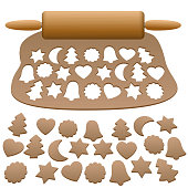 Lebkuchen dough with wooden rolling pin and cut out gingerbread cookies - isolated vector illustration on white background.