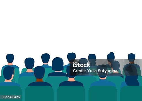 istock Lector man in suit speech behind podium on conference with audience in hall. Speaker on tribune by leader, businessman, teacher talking before of people spectators. People audience back view. Vector 1337396425