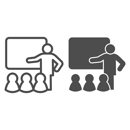 Lecturer blackboard with students line and solid icon. Lecture or training lesson symbol, outline style pictogram on white background. Teamwork sign for mobile concept, web design. Vector graphics