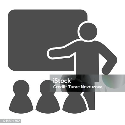 istock Lecturer blackboard with students solid icon. Lecture or training lesson symbol, glyph style pictogram on white background. Teamwork sign for mobile concept, web design. Vector graphics. 1214504702