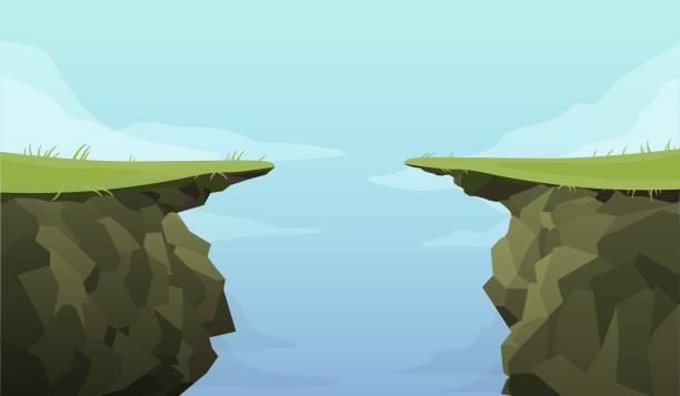 Ledge chasm empty template. Cliff in middle of green covered road banner deep dangerous abyss. Ledge chasm empty template. Cliff in middle of green covered road banner deep dangerous abyss an extreme decision motivation decisive last jump cartoon graphic vector fear of inevitable. cliff stock illustrations