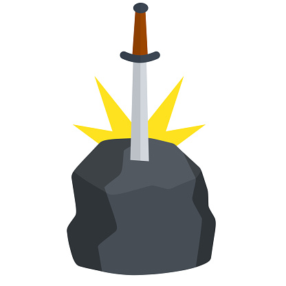 Legendary Excalibur. Knight and king Arthur test element. Medieval weapons and rock. Cartoon flat illustration. Sword in stone with light. English mythology and fairy tale