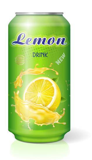 Lemon drink contained in metallic can realistic