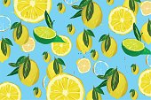 istock Lemon pattern on blue background illustrations 1217429246