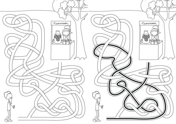 Lemonade maze Lemonade maze for kids with a solution in black and white sellin stock illustrations