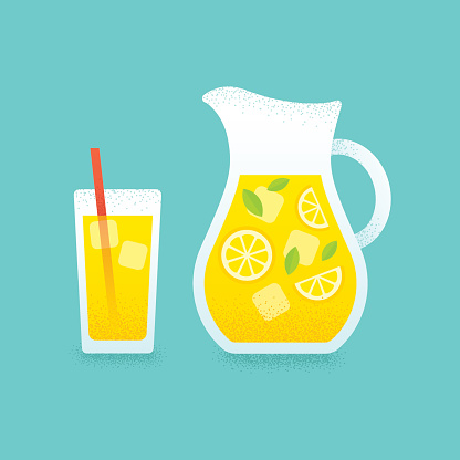 Lemonade pitcher and glass illustration.