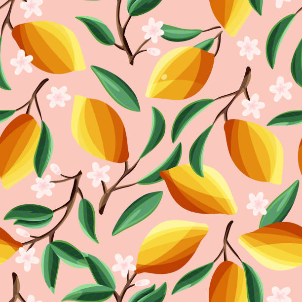 Lemons on tree branches, seamless pattern. Tropical summer fruit, on pink background. Abstract colorful hand drawn illustration. vector art illustration
