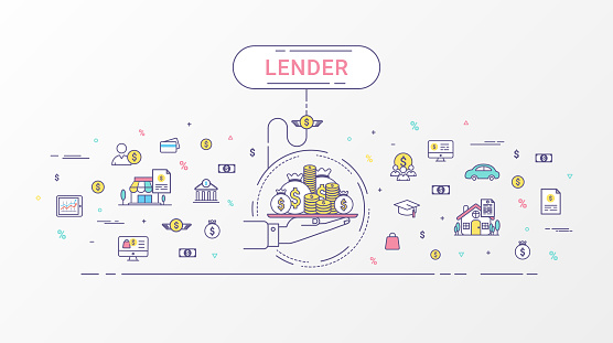 Lender infographics concept. Hand holding a money tray. Loan lending of money from bank, personal loans, credit card, organization or entity. Flat line design create by vector. Can be used for lender banner and advertisement.