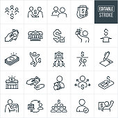 A set of lending and borrowing icons that include editable strokes or outlines using the EPS vector file. The icons include people getting money, bank, money lenders, bank teller, cash, loan approval, excited people, contract, money transfer, loans and other related icons.