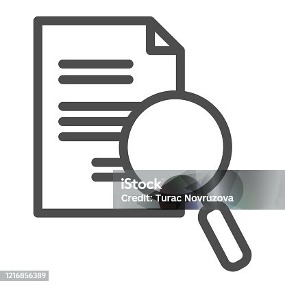 istock Lens and paper list line icon. Search, magnifying on document symbol, outline style pictogram on white background. Business and research sign for mobile concept, web design. Vector graphics. 1216856389