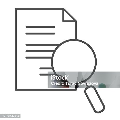 istock Lens and paper list thin line icon. Search, magnifying on document symbol, outline style pictogram on white background. Business and research sign for mobile concept, web design. Vector graphics. 1216856384