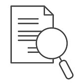 istock Lens and paper list thin line icon. Search, magnifying on document symbol, outline style pictogram on white background. Business and research sign for mobile concept, web design. Vector graphics. 1216856384