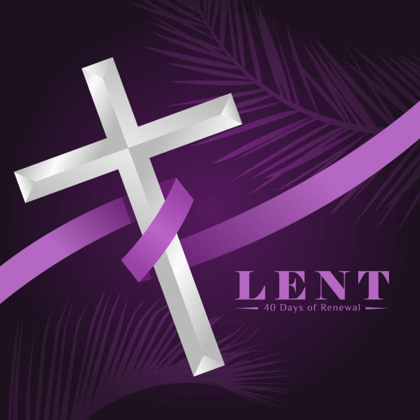 lent, 40 days of renewal with purple ribbon roll around silver cross crucifix sign on dark purple plam leaf texture background vector Design lent, 40 days of renewal with purple ribbon roll around silver cross crucifix sign on dark purple plam leaf texture background vector Design lent stock illustrations