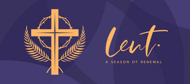 lent, a season of renewal text and gold lent cross crucifix, circle thorns and sunset and plam leaves sign on abstract purple background vector design lent, a season of renewal text and gold lent cross crucifix, circle thorns and sunset and plam leaves sign on abstract purple background vector design lent stock illustrations