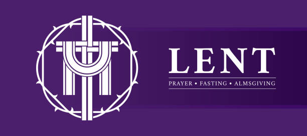 lent prayer fasting and almsgiving text and white cross lent in circle thorns sign on purple background vector design lent prayer fasting and almsgiving text and white cross lent in circle thorns sign on purple background vector design drawing of the good friday stock illustrations