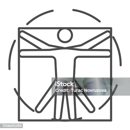 istock Leonardo Da Vinci Vitruvian Man thin line icon, science concept, Human body in circle and square sign on white background, classic proportion man form icon in outline style. Vector graphics. 1256605280