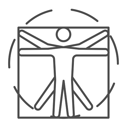 Leonardo Da Vinci Vitruvian Man thin line icon, science concept, Human body in circle and square sign on white background, classic proportion man form icon in outline style. Vector graphics