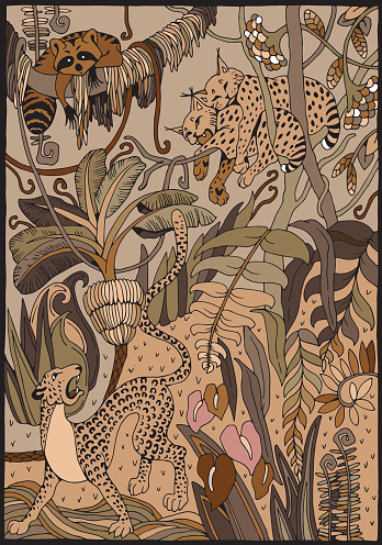 Leopard, Lynx and Raccoon in the Jungle.Coloring Page. Exotic Flowers and Wild Animals.