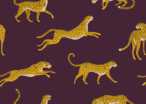 Leopard pattern with tropical leaves. Vector seamless texture.