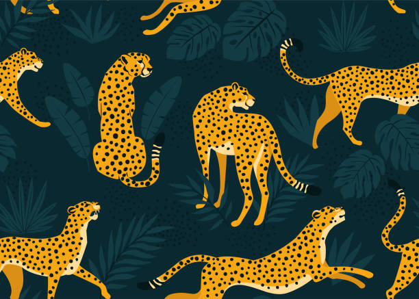 leoparden-muster mit tropischen blättern. vektor nahtlose textur. - großwild stock-grafiken, -clipart, -cartoons und -symbole