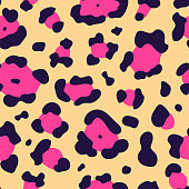 Leopard seamless pattern. Vector hand drawn wild animal leo skin, yellow and pink cheetah spots texture for fashion print design, fabric, textile, wrapping paper, background, wallpaper
