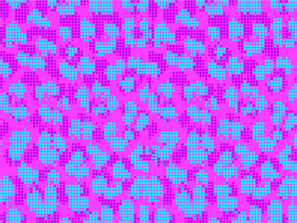 ilustraciones, imágenes clip art, dibujos animados e iconos de stock de leopard vaporwave violet pixel art style mancha el diseño del patrón. fondo de ilustración vectorial punteada. violeta, cyan. - cat vaporwave
