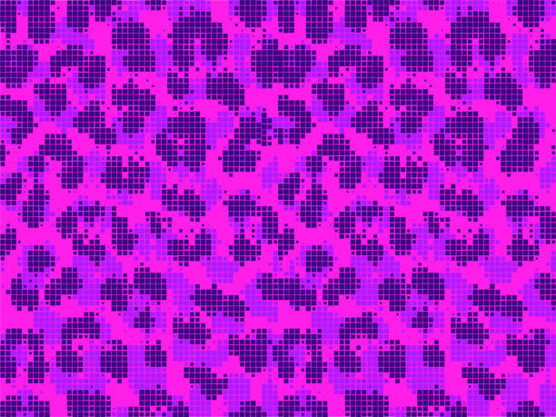 ilustraciones, imágenes clip art, dibujos animados e iconos de stock de leopard vaporwave violet pixel art style mancha el diseño del patrón. fondo de ilustración vectorial punteada. violeta, cyan. - cat vaporwave