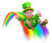 A leprechaun St Patrick s day cartoon character sliding down a rainbow in a retro 8 bit arcade video game pixel art style.