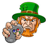 A mean leprechaun esports gamer mascot holding a video games controller